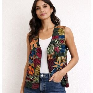 Chico's Embroidered Vest Size 3 Floral Patchwork Boho Festival Open Front